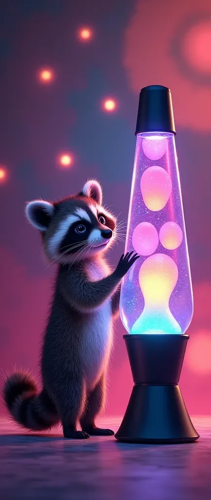 A photo of a cute, extra fluffy baby raccoon standing next to a quirky, colorful lava lamp. The raccoons fur is soft and inviting, and its eyes sparkle with curiosity. The lava lamp is emitting a mesmerizing array of colorful blobs that dance and swirl aro...