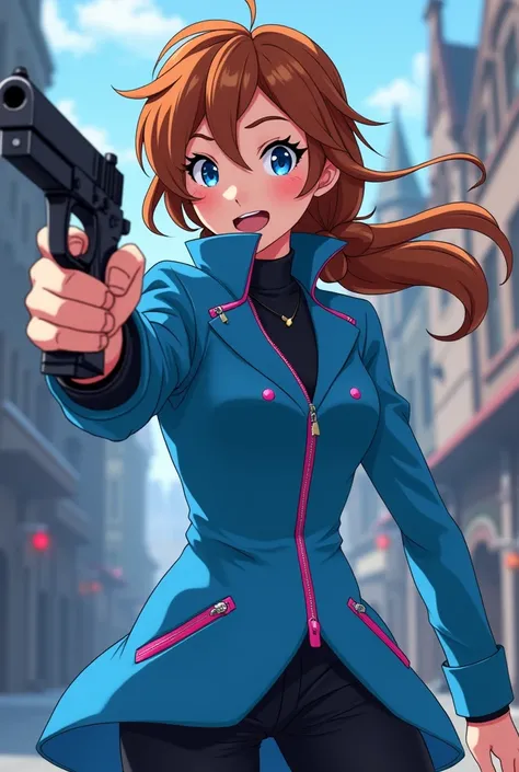 From Disney Princess Anna Brown Hair With Gun Fight Naughty My Bad Blue Coat Pink Zipper In Infinity Anime Style 