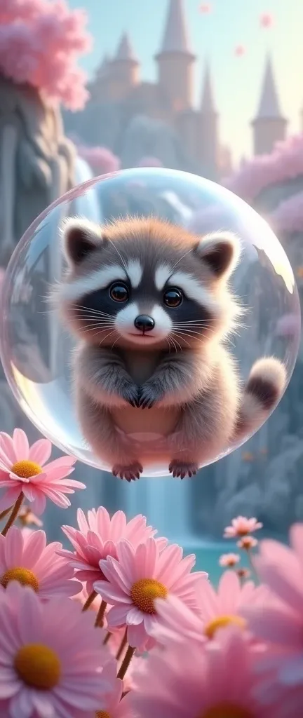 A photo of a cute, extra fluffy baby raccoon. The raccoon is in a transparent bubble. The bubble is in a surreal dreamy utopia landscape. The background contains a cityscape with cascading waterfalls, frozen in pink foliage. There are pink daisies surround...