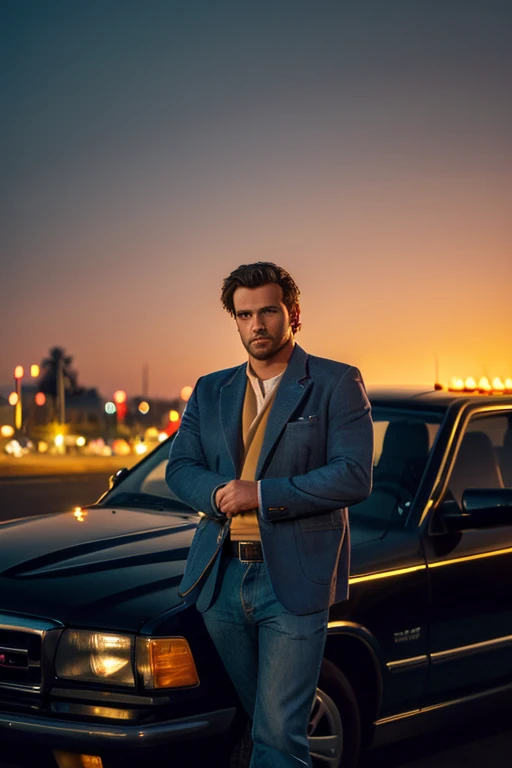 (8K, Superior quality, masterpiece: 1.2), (realistic, photorealistic: 1.37), Super detail, A man, Wide viewing angle, vehicle, lots of dim light and city, sunset, posing, young caucasian man with blazer and jeans, pose americana, film