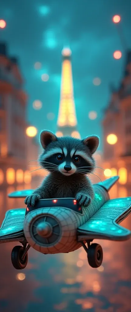 A whimsical and enchanting 3D render of a plush, baby raccoon seated in a miniature bioluminescent newspaper airplane. The raccoon gazes inquisitively at the camera with big, expressive eyes. The tiny plane, illuminated by glowing blue and green lights, is...