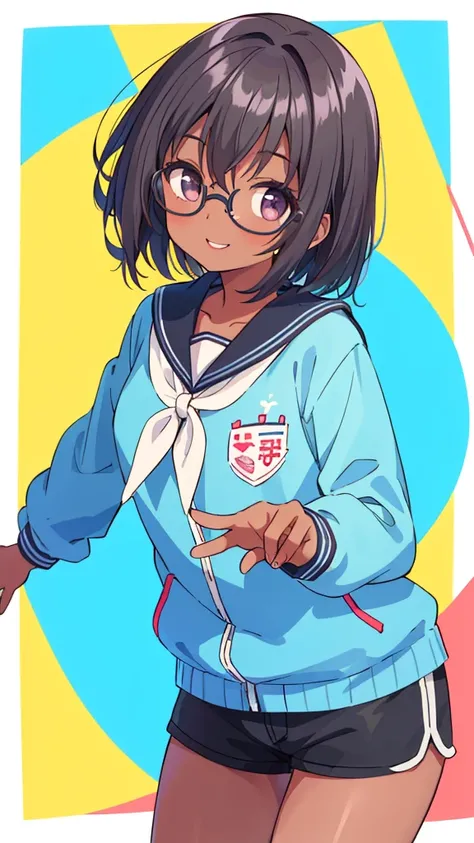 1 Girl, Round glasses, Big glasses, Smile, Looking at the camera, Messy short hair, Dark skin, Round eyes, Blue shirt, Black shorts, close up, Magazine Lens, Dynamic poses