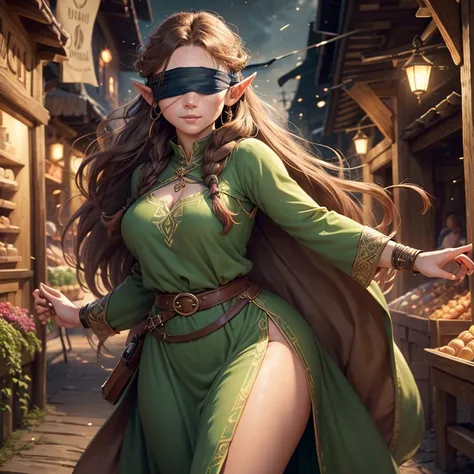 A beautiful village woman with a gentle smile, ((best quality))) (((HD))) (((8k))) (character) 20-year-old woman, ((adventurous)) elf, ((beautiful)), ((brown hair)) and ((very long hair)), voluptuous fit body, large breasts, thick thighs, earrings, jewelry...