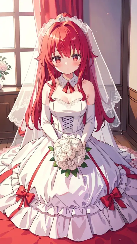 1 girl, masterpiece, high resolution, sonic edge_rias_graymori,long red hair, ((wedding dress, room, wedding dress内衣, wedding th...