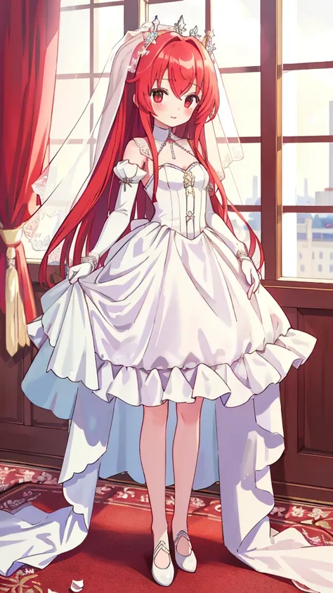 1 Girl, masterpiece, high resolution, Sonic Edge_Rias_Graymori,Long red hair, ((Wedding Dress, Room, Wedding Dress内衣, Wedding Theme))