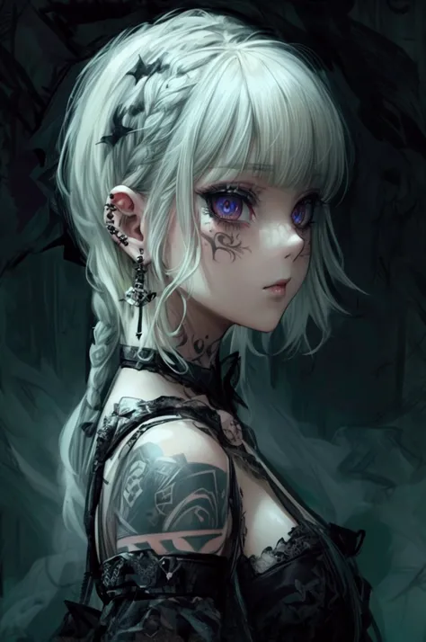 Clear and detailed facial features, beautiful woman, blonde hair, braided, elegant gothic make-up, large expressive eyes, intricate tattoos, wearing a disheveled gothic-style corset minidress, shoulder straps, half jacket, falling off ahoulders, beautiful ...