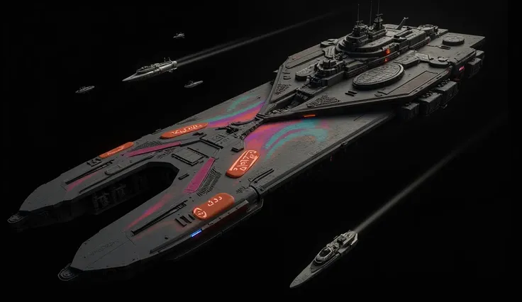 An full image of a long wide giant heavily armored futuristic flying all terrain mothership, covered in rainbow batik pattern and glowing javanese runic symbols, flying hovercraft, flying submarine, flying aircraft carrier, flying hotel, flying resort, fly...