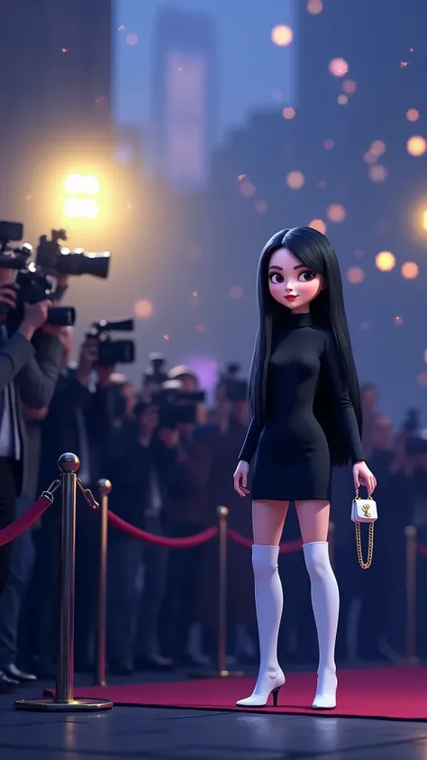 Woman 30 years, long straight black hair, wearing black long sleeves turtleneck short dress with white platform tall boots and small white YSL gold chain bag at award show. Pixar 