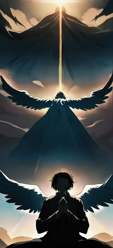 angel praying and his wings spread in the sky