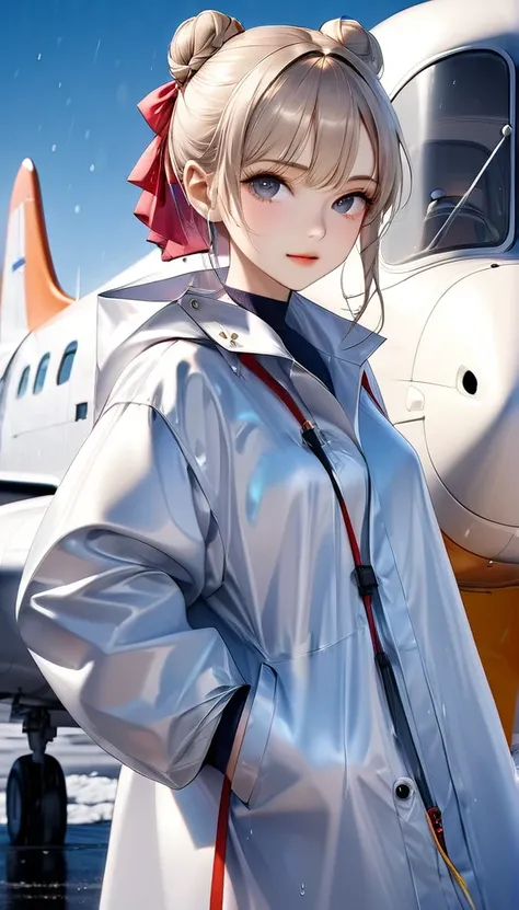 ((HD)), ((whole body)) News Photography, ((pilot))((Wearing an open raincoat and underwear)), ((Lockheed Vega 5B in the Arctic)), ((charming)), ((Hair tied in a bun)), ((Looking at the camera)), Detailed, Detailed pretty face, Clear focus, (Detailed and in...