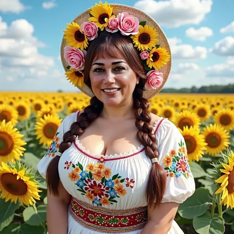 cinematic style, A woman of chubby build smiles against the background of a bright field of sunflowers, wearing a white dress decorated with multicolored floral embroidery and a decorative belt. Her long hair is arranged in two braids, and on her head is a...