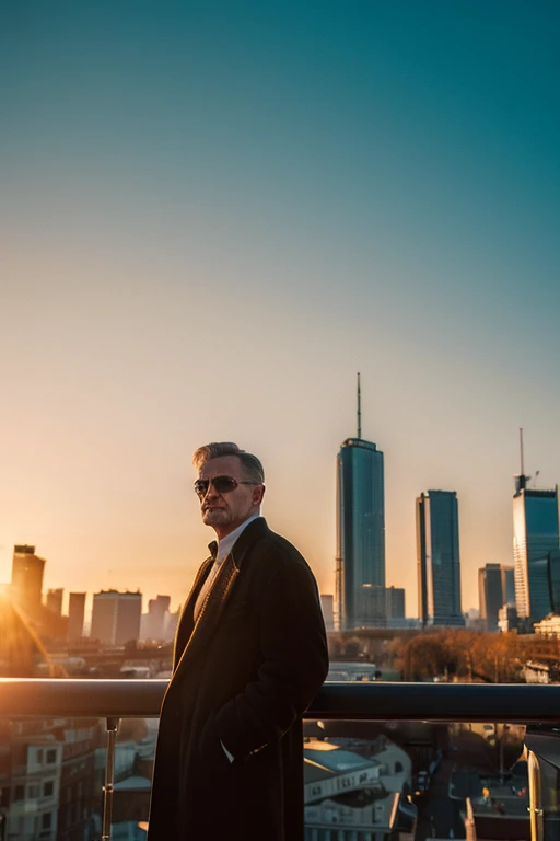 (8K, Superior quality, masterpiece: 1.2), (realistic, photorealistic: 1.37), Super detail, A man, Wide viewing angle, penhouse, lots of light and city, sunrise, posing, Caucasian man short hair, man with black executive blazer and overcoat, german pose, fi...