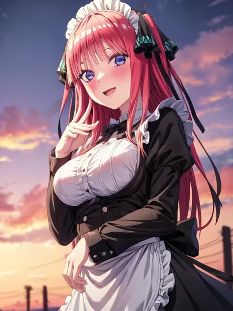 best quality, insanely detailed, breasts, blush, looking at viewer, cheerful eyes, sky background, exposed skin, glossy skin, Black Maid outfit, beautiful fingers, Grab the breast, nino nakano