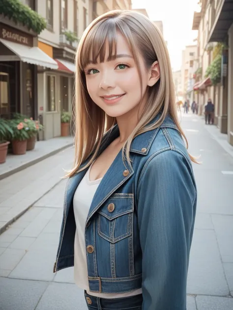 score_9, score_8_up, score_7_up, score_6_up, source_anime, natural skin, detailed skin,
realistic, beautiful woman, 31 y o, green eyes, bangs, nose, lips, little smile, light brown hair, denim jacket, on the street, looking_at_viewer,