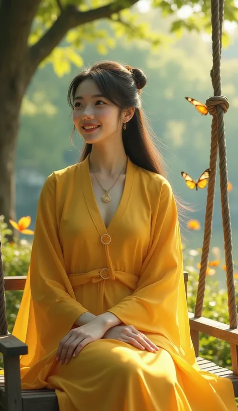 garden,maple leaf tree,swing,beauty,Chinese woman,Smile,Long hair shawl with bangs,Big breasts,necklace,Goose yellow jumpsuit Hanfu,Butterflies flying