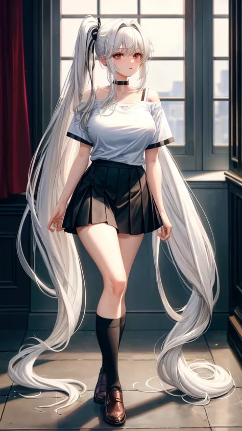 high resolution, masterpiece, Best quality, Long hair, Very long hair, White hair, Side Ponytail, Big breasts(d), 1, black knee socks，black knee socks，Short skirt，Short sleeve，Off-shoulder T-shirt，