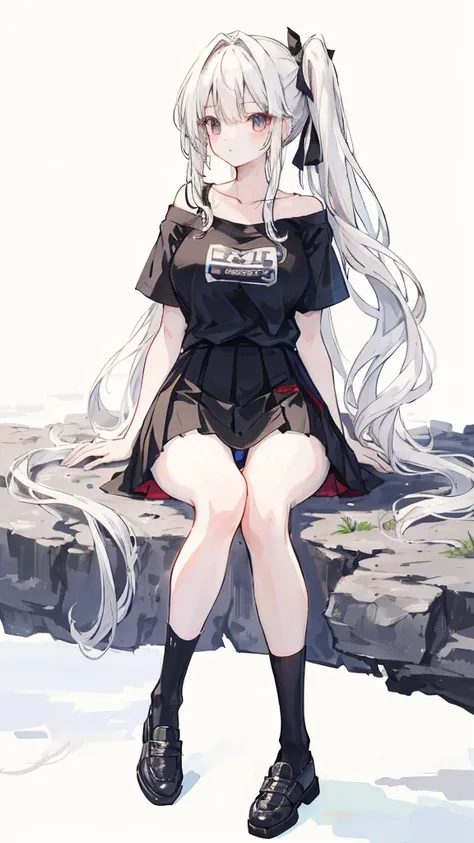 high resolution, masterpiece, Best quality, Long hair, Very long hair, White hair, Side Ponytail, Big breasts(d), 1, black knee socks，black knee socks，Short skirt，Short sleeve，Off-shoulder T-shirt，