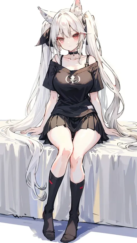  Long hair, Very long hair, White hair, Side Ponytail, Big breasts(d), 1, black knee socks，black knee socks，Short skirt，Short sleeve，Off-shoulder T-shirt，1 girl, at home