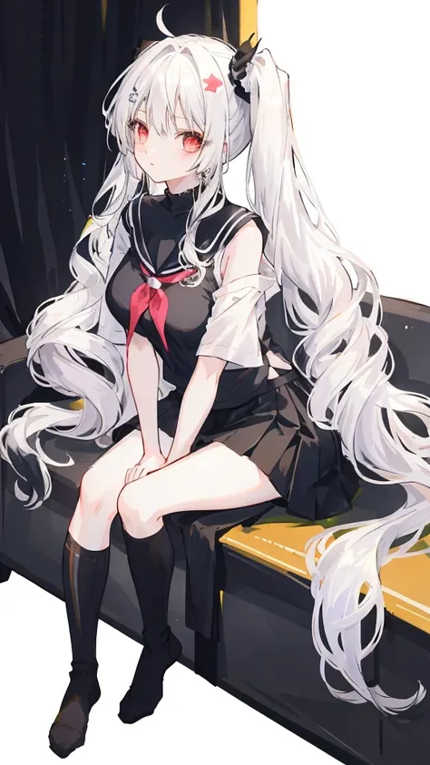  Long hair, Very long hair, White hair, Side Ponytail, Big breasts(d), 1, black knee socks，black knee socks，Short skirt，Short sleeve，Off-shoulder T-shirt，1 girl, at home