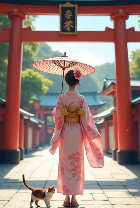 In front of the Kaminarimon Gate at Sensoji Temple in Asakusa、Rear view of a woman in a kimono holding an umbrella、Cute calico cat at your feet、The woman is beautiful and has a sharp face.、Summer Clear々A lovely morning、The dress is pale pink、