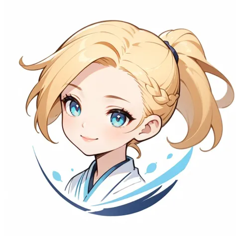 logo, A logo for face, 1 girl, solo, Single Braided blonde pony tail, parted bangs, forehead, Azure eyes, half-closed eyes, lips apart, smiling, white shirt, simple white background