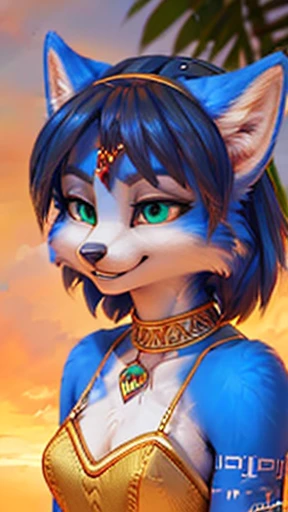 A beautiful and detailed (sweet portrait) from ((Krystal)), Star Fox Krystal, slim, lovable, green eyes, medium breasts, (((Long blue hair 1.3))),  ((black hair tips)), Decollete, Grin, look up,, anthro, Fuzzy, Uploaded E621, detailed fluffy fur, (from Flu...