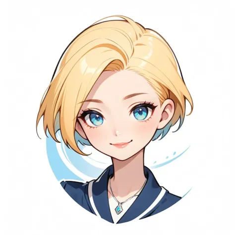 logo, A logo for face, ID photo, 1 girl, solo, blonde pixie cut, slicked-back, Azure eyes, half-closed eyes, lips apart, smiling, silver necklace, salute, simple white background