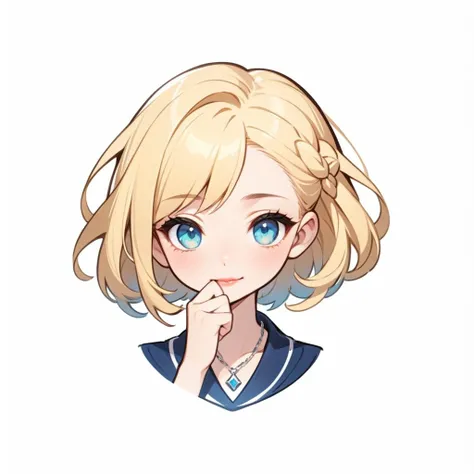 logo, A logo for face, ID photo, 1 girl, solo, Braided blonde hair, Azure eyes, half-closed eyes, lips apart, Laugh with the back of your hand over your mouth, silver necklace, simple white background