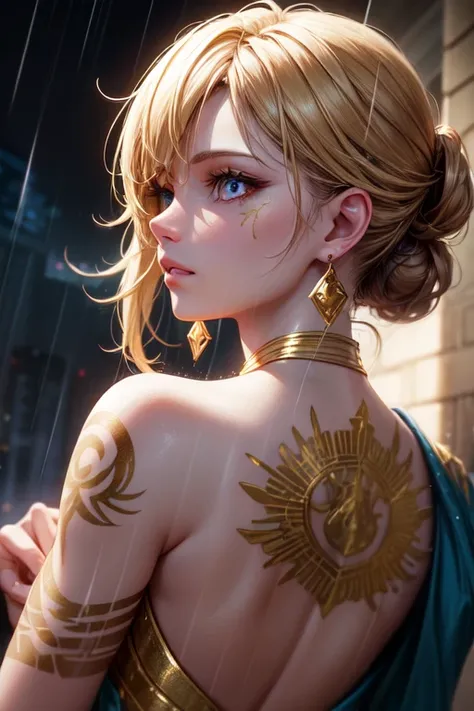 gold tattoos with a girl in the rain with gold earrings, in vray tracking style, Martin then, yuumei, Spilled, close up, dark white and gold, quick painting, masterpiece, better quality,