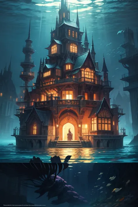 Cor (Fantasy: 1.2), (Hayao Miyazaki style), (irregular building floating in the sea), patchwork cottages, deCorações de flores, lights, Conceptual Art Inspired by Andreas Rocha, Artstation Contest Winner, Fantasy art, (underwater city), Ross Tran, light ax...