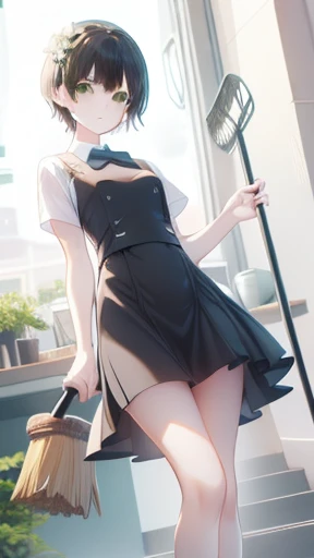 High resolution, High-quality images, high detail, 5 woman　Married Woman　Slim body　whole body　flat chest　green eyes　Angry　Saggy breasts　((Black Hair　Short Hair)) Maid uniform　Standing with your legs apart　Holding a broom　skirt lift
