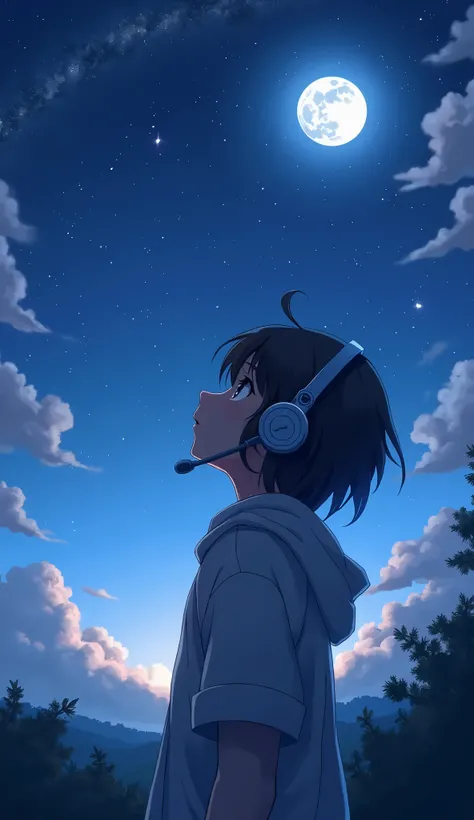 anime using headset looking at the beauty of the moon and stars