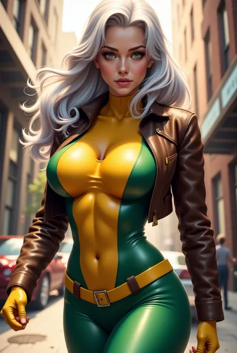 rogue from x-men, wide hips and small waist, comic style, marvel comics