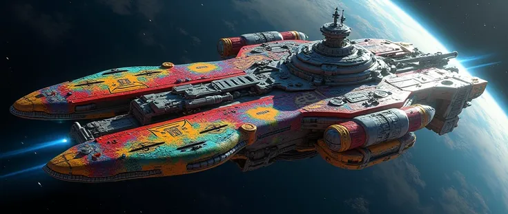 An full image of a long wide giant heavily armored futuristic flying all terrain spaceship, covered in rainbow batik pattern and glowing javanese runic symbols, flying hovercraft, flying submarine, flying aircraft carrier, flying cruise ship, flying yacht,...