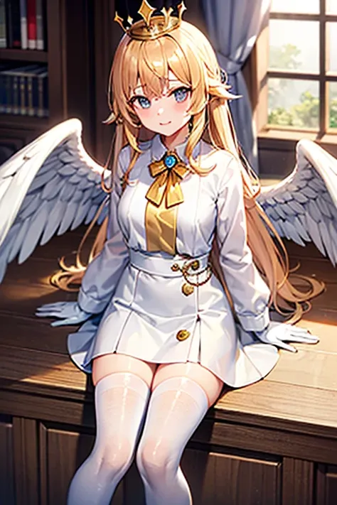 girl, golden crown, white wings, white long sleeve shirt, white gloves, short white skirt, white boots, white stockings