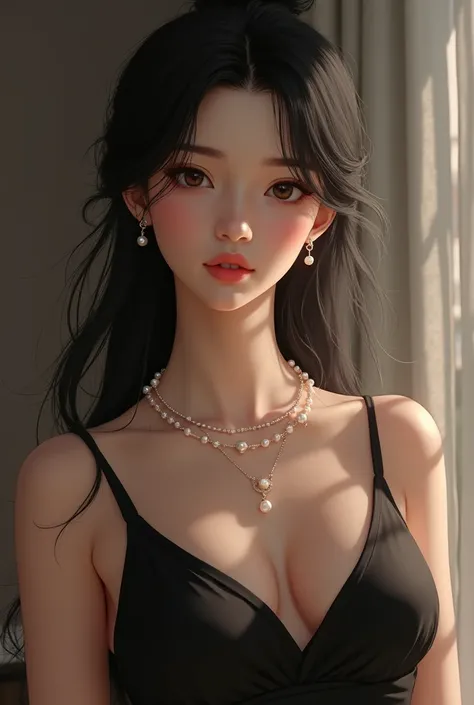 "1girl, solo, long black hair in a single bun, brown eyes, wearing a black dress with pearl necklace and earrings. She has a mole under her eye, realistic lighting, and is indoors. The focus is on her upper body, with delicate jewelry including a ring. Her...