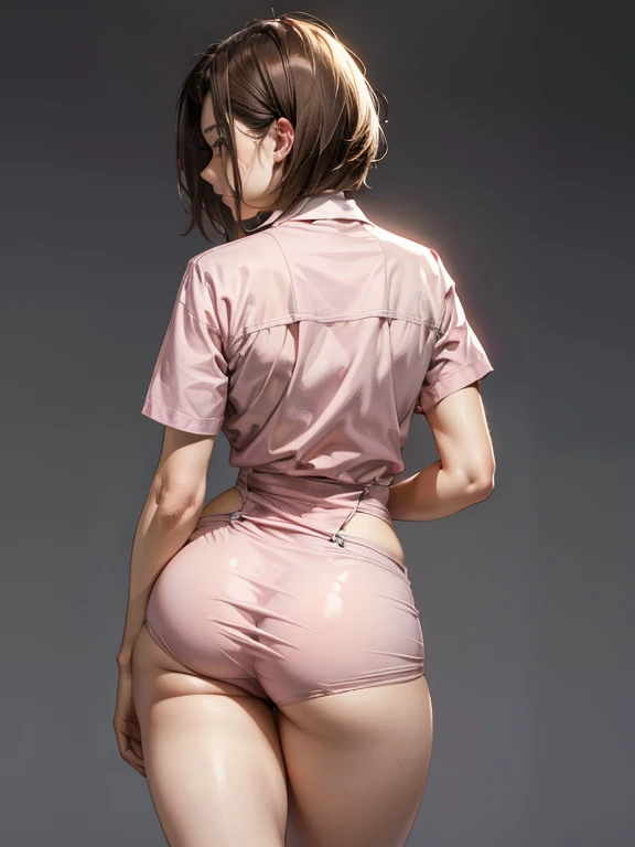 1 woman from behind, face away, behind shot, brown straight bob hair style, (wearing pale pink nurse uniform, thigh-length one-piece nurse uniform:1.2), leaning forward, to make bed, moderately fleshy body, wide hips, sexy thighs, ass up, Slightly below vi...