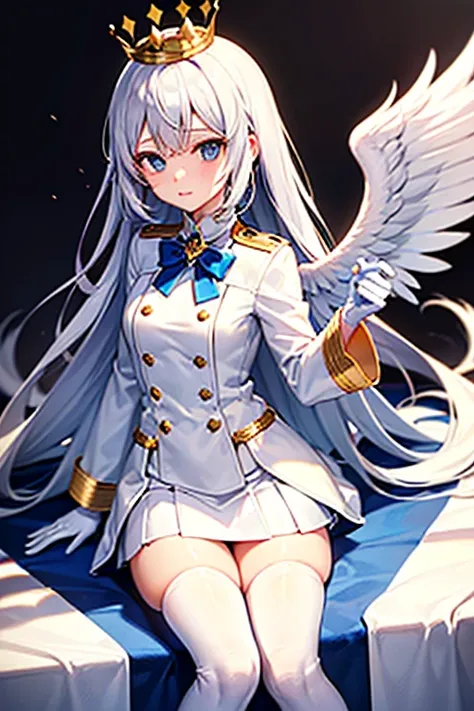 girl, golden crown, white wings, white long sleeve shirt, white gloves, short white skirt, white boots, white stockings, blue eyes, long white hair.