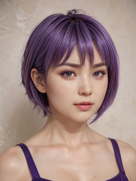 Ayane, purple hair, (best quality, ultra-detailed), (realistic:1.37), beautiful and detailed face, ultra-realistic texture, delicate face, delicate body, red lipstick, long-lasting colors. high definition, 8K. expression with a sexy look