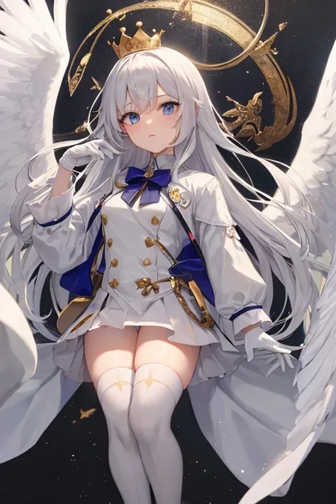 girl, golden crown, white wings, white long sleeve shirt, white gloves, short white skirt, white boots, white stockings, blue eyes, long white hair.