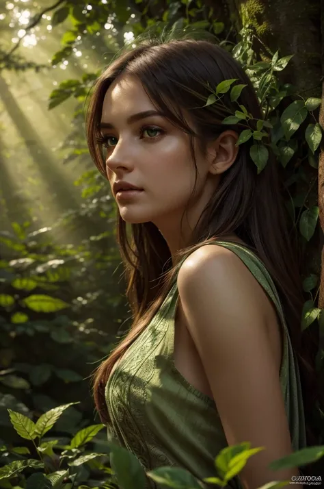 1girl, dryad, beautiful detailed eyes, beautiful detailed lips, extremely detailed face and skin, long flowing hair, detailed nature elements, detailed forest background, sunlight filtering through leaves, warm lighting, cinematic composition, vibrant colo...