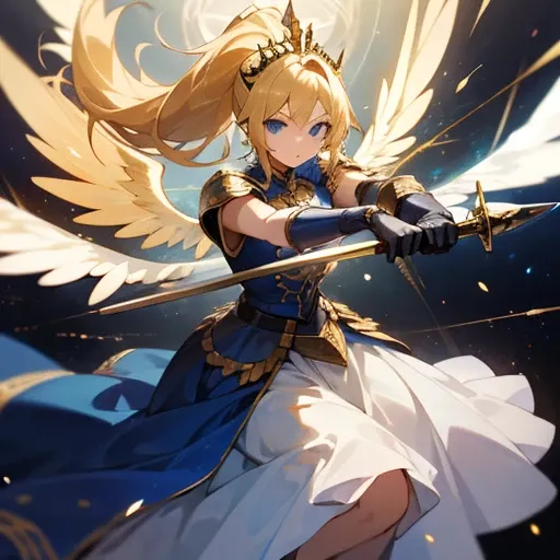 1 Girl, European style, Holy Knight, Holy Knight長, Holds a golden sword, Sword Master, beautiful girl, Valkyrie, Valkyrie, Royal blue dress, Angelic Wings, Blonde, Long Ponytail, Tiara, Blue Eyes, Woman warrior, Battle Princess, universe, Dynamic