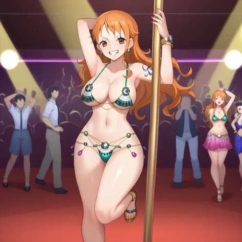 score_9,score_8_up,score_7_up, 1girl, nami, one piece pre-time skip, shiny skin, clothed female, wearing, nami, gyaru, full body...