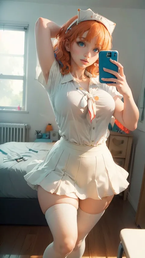 Nami, very beautiful, blue eyes, very giant breasts, shaped legs, very large buttocks, Very short carrot-colored wavy hair ((He is in his room taking a selfie)) ((dressed in a school uniform, white button-down shirt, short tie, wide, short, very tiny, wide...