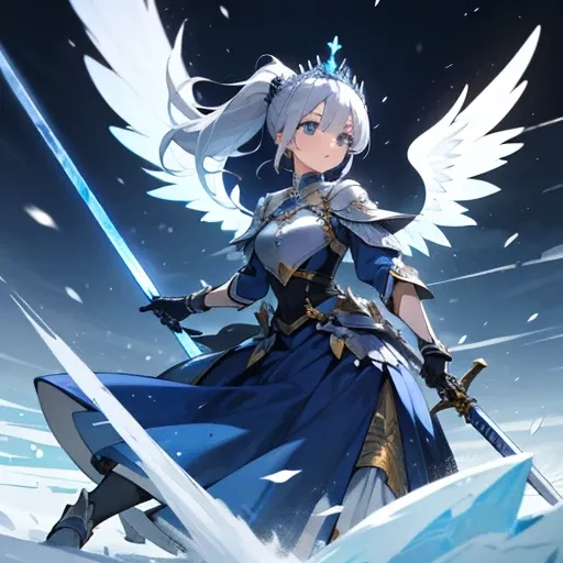 1 Girl, European style, Holy Knight, Holy Knight長, Holds a blue holy sword, Sword Master, beautiful girl, Valkyrie, Valkyrie, Royal blue dress, Angelic Wings, Silver Hair, Long Ponytail, Tiara, Blue Eyes, Woman warrior, Battle Princess, snow, Glacier, Ice ...