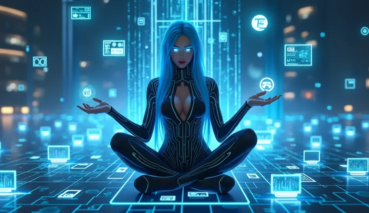 Goddess of Digital Realms
Pose: Sitting confidently on a throne made of glowing digital screens, each showing different games, apps, and social networks.
Clothes: Sexy black bodysuit with neon blue accents and circuit patterns.
Details: Long blue hair, wit...