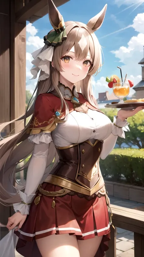 masterpiece, best quality, highres, {{8k}},
BREAK,
aasato, long hair, half updo, braid, hair between eyes, animal ears, ear ornament, medium breasts, plate armor, long red skirt, cowboy shot, shy smile, blush, cute, wide hips, busty,
BREAK,
outdoor, castle...