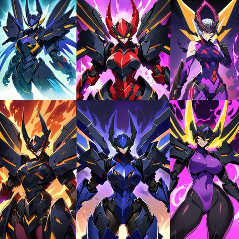 Anime, high detailed, 5 womans, indigo mecha armor, large mechanical wings, evil grin, large clawed Gauntlet, red skin, curvy body, long mechanical tail,black sclera、Colored sclera、crimson Colored skin、Yellow Eyes, elongated pupils,  Mature Woman、Black-pur...