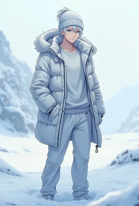   white 6’2 has ice colored hair and eyes his hair in a ponytail and fit and anime style wearing a winter fur jacket and a white winter hat and snow background  and for the clothes underneath the jacket make sure is white and white sweatpants 