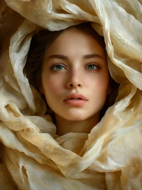 a thick textured oil painting, impasto brushstrokes, dry brushing, revealing underlayers, the model draped in flowing fabric, beautiful detailed eyes, beautiful detailed lips, extremely detailed eyes and face, long eyelashes, porcelain skin, serene express...